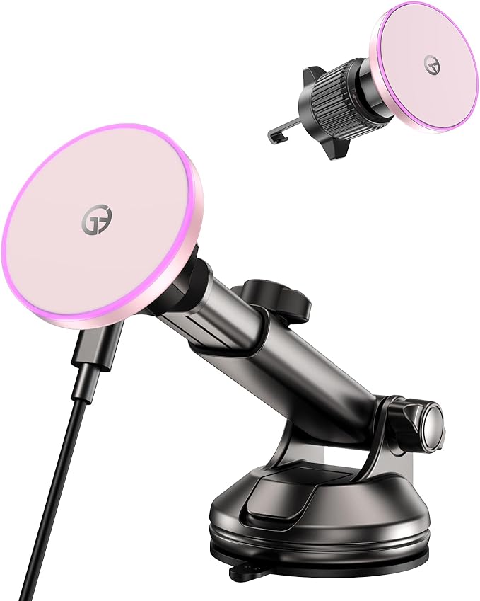 for MagSafe Car Mount Charger Dash/Windshield/Vent Wireless Car Charger with [LED Light], Magnetic Phone Holder for Car for iPhone 17 16 15 14 13 12 Series, Fit MagSafe Accessories (Pink)
