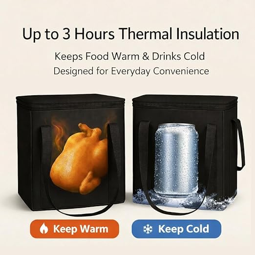 musbus 2-Pack, XL-Large Insulated Grocery Shopping Bags, Black, Reusable Bag,Thermal Zipper,Collapsible,Tote,Cooler,Food Transport hot and Cold,Camping