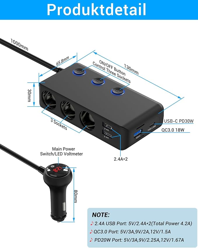 Car Charger Splitter 200W, Qidoe 3 Socket Cigarette Lighter Adapter with PD30W USB-C & QC3.0 Multi USB Car Charger DC Outlet Cigarette Splitter Power Switches Voltmeter for GPS Dash Cam Phone