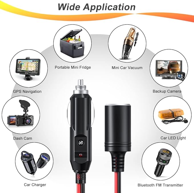 ELECTOP 1 to 3 Car Cigarette Lighter Socket Splitter Adapter Power Charger Port, 12V 24V Car Power Splitter 3-Way Plug Outlet Adapter, 12inch Cigarette Lighter Extension Cord Cable 16AWG with 15A Fuse