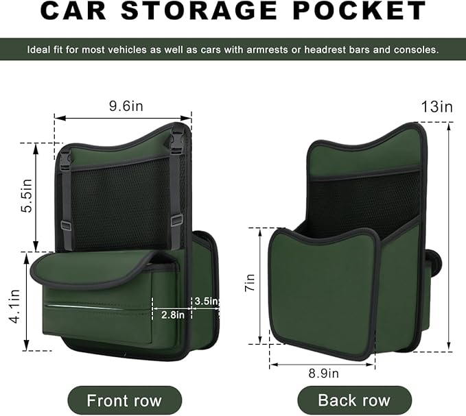 Car Purse Holder Between Seats, Nappa Leather Front Seat Storage Bag with Tissue Holder, Large Capacity Automotive Console Organizer for Document Phone Wallet, Car Accessories (Green)