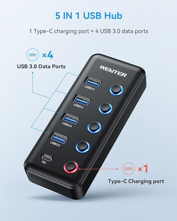 Powered USB 3.0 Hub, Wenter 5-Port USB Hub Splitter (4 Faster Data Transfer Ports+ 1 Type-C Charging Ports) with Individual LED On/Off Switches, USB Hub 3.0 Powered with Power Adapter for Mac, PC