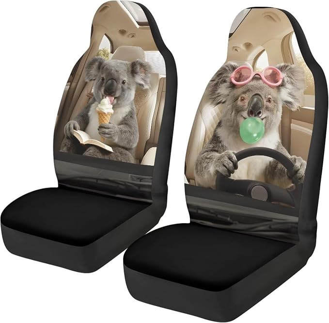 Koala Front Car Seat Cover Nonslip Funny Auto Interior Accessories 2 Pcs Set Stretch Polyester Fabric Cover All-Season Protection Suitable for Most Cars,SUV,Sedan