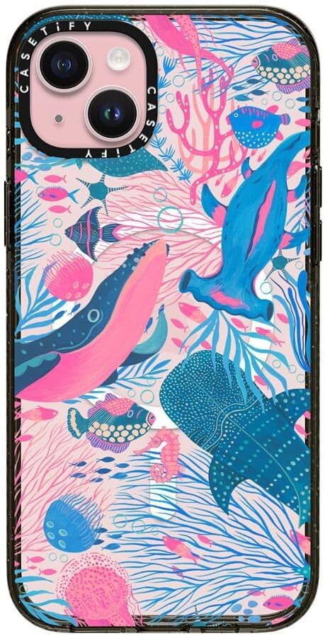 CASETiFY Impact iPhone 15 Plus Case [4X Military Grade Drop Tested / 8.2ft Drop Protection/Compatible with Magsafe] - Animal Prints - Under The Sea - Clear Black