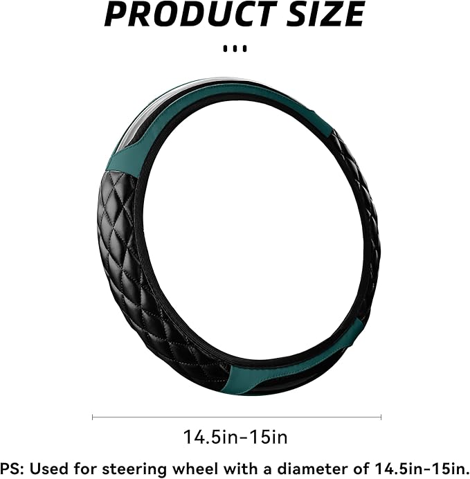 Car Steering Wheel Cover, 14.5-15inch Leather Anti-Slip Car Wheel Cover Protector, Safety Comfortable Desgin, Universal Auto Steering Wheels Accessories for Cars Truck SUV (Dark Green)