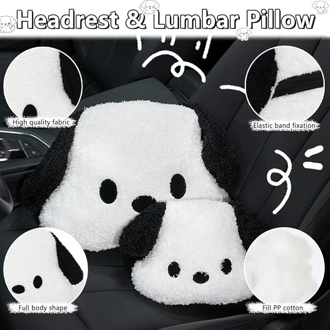Set of 8 Car Headrest & Lumbar Support & Seat Cushion & Back Support Pillow Cute Black & White Dog Pattern Car Seat Pillow Comfortable & Durable Car Accessories Pillow for Long Sitting