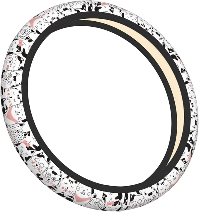 Black and White Cat Steering Wheel Cover Women Men Pink Elastic Stretch Soft Car Wheel Protector Universal Breathable No-Slip Car Accessories for Truck Van SUV Auto Fit 14-15 Inches