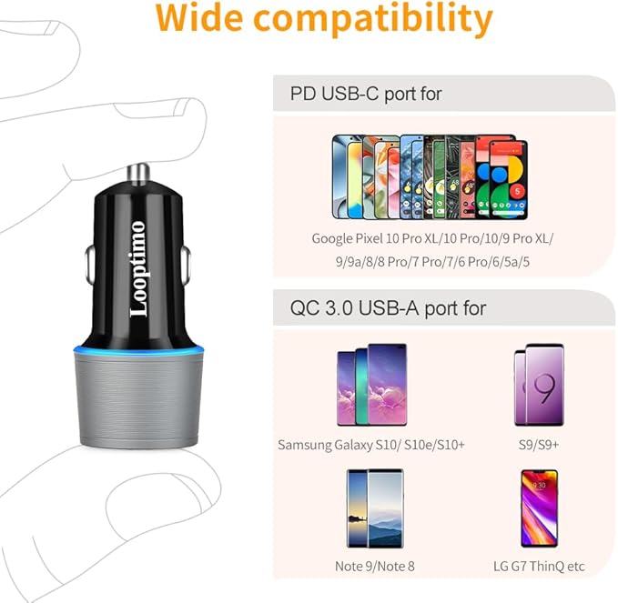 45W Fast USB C Car Charger for Google Pixel 10/10 Pro/10 Pro XL/9/9a/8/7, Galaxy S26+/S25 Ultra, Looptimo Android Phone Plug PD & QC3.0 Cigarette Lighter Adapter with Rapid Charging 3.3ft Type C Cable
