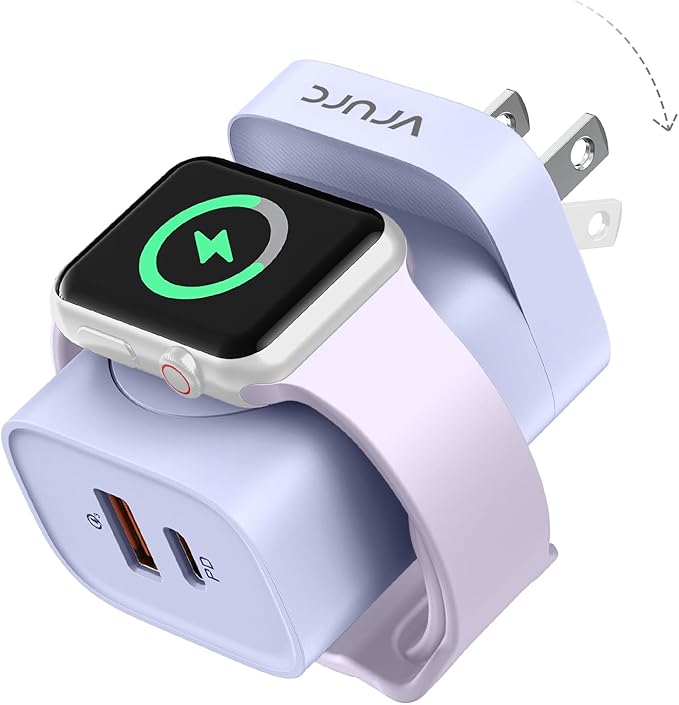 VRURC Charger for iPhone & Apple Watch, 20W USB C Fast Charging Block, 3-in-1 Compact Travel Adapter with 2 Port for iPhone 17/16/15/14/13, Wireless Magnetic for iWatch SE/11/10/9/8/7/6/5/4-Purple