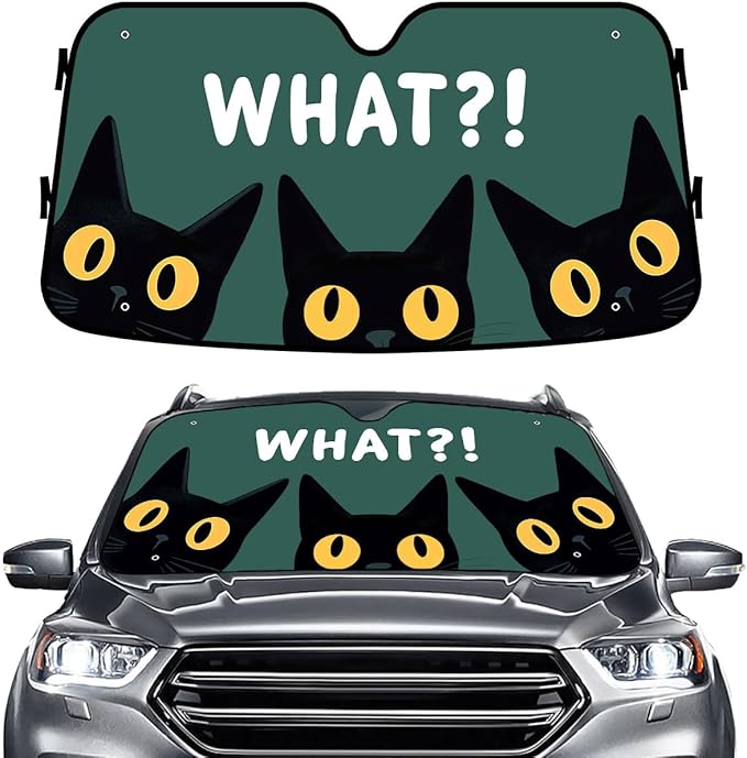 GENANY Cute What Cat Funny Windshield Sun Shade for Car SUV Truck (55x30 Inches), Sun Shade Windshield for Windows, Protector Blocks UV, Spring Car Decor