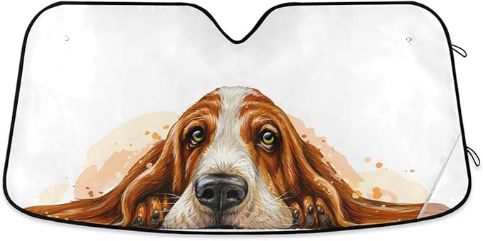 Basset Hound Windshield Sun Shade Basset Hound Sunshade Auto Blocks UV Rays Visor Protector Funny Dog Accordion Folding Sun Reflector Auto Sunshade for Car Truck SUV to Keep Your Vehicle Cool
