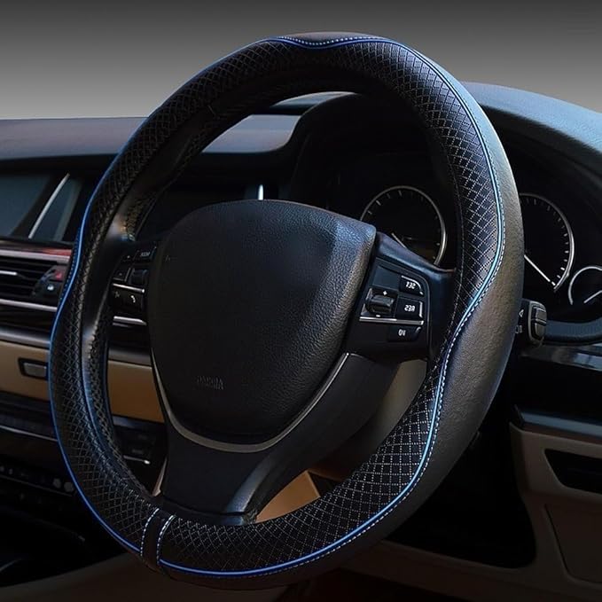 LABBYWAY Microfiber Leather Steering Wheel Cover, Universal 14.5-15 Inch Steering Wheel Anti Slip Car Interior Accessories for Men Women (Black with Blue Line)