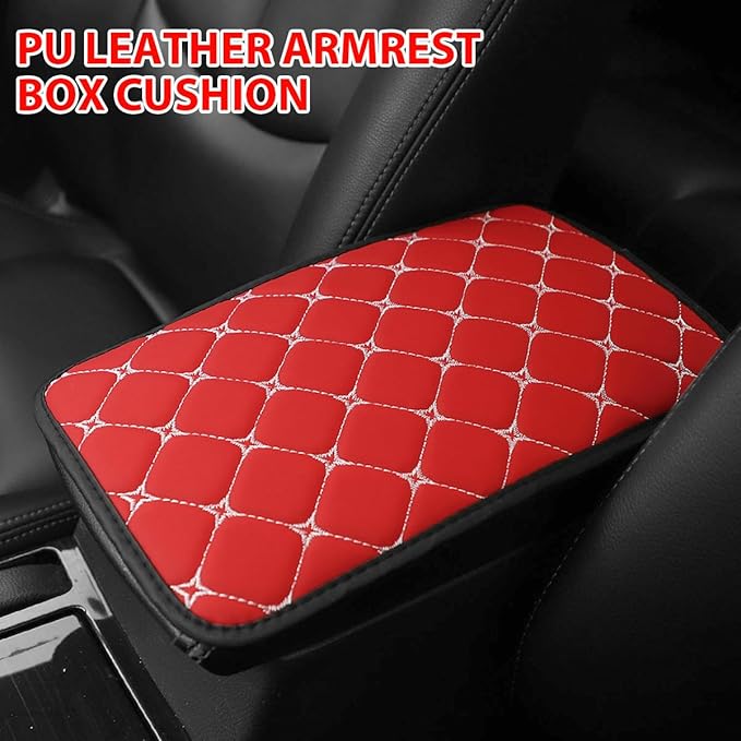 HZEL Car Center Console Cushion Pad, PU Leather Vehicle Armrest Protection Cover, Waterproof Automotive Interior Arm Rest Seat Box Mat Accessories, Universal for SUV, Sedan, Truck (Red)