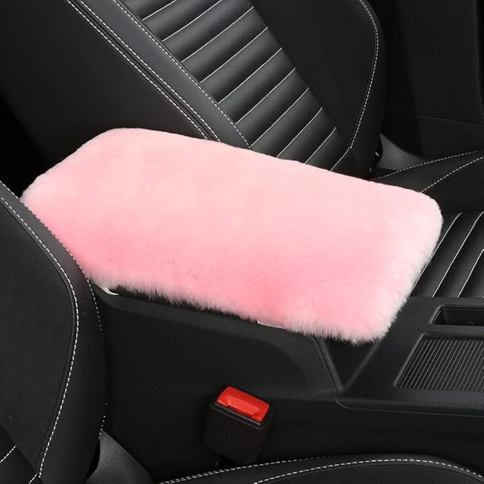 Sheepskin Armrest Cover Auto Center Armrest Cover Car Soft Console Pad, Fluffy Wool Auto Center Console Cover for Most Car Arm Rest Decoration Protector 7 x 13 Inch (Shearling, Pink)