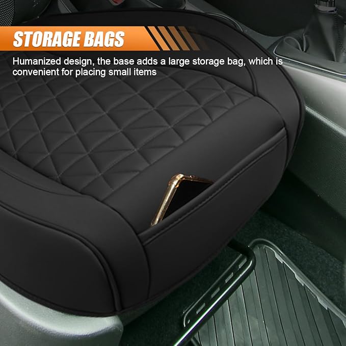 Luxury Faux Leather Car Seat Cover, Anti-Slip Waterproof Universal Front Bottom Seat Protector with Storage Pocket, Triangular Pattern Vehicle Seats Cushion for Sedans, SUVs, Trucks (Black)