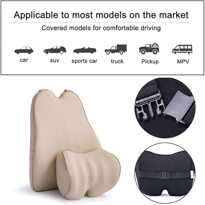 Car Lumbar Support Back Cushion & Headrest Neck Pillow Kit Cushion Memory Foam Universal Fit Major Car Seat with Back Pain Relief for Car Office Home 1PCS Beige