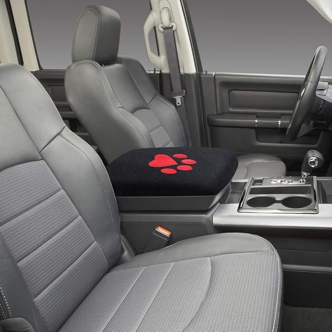 Center Console Armrest Pad Cover for Dodge Ram 1500 2500 3500 4500 5500 Pickup Truck 1993-2023 Black Soft Car Armrest Seat Box Protector Cushion Interior Accessories All Weather (Red Dog Paw)