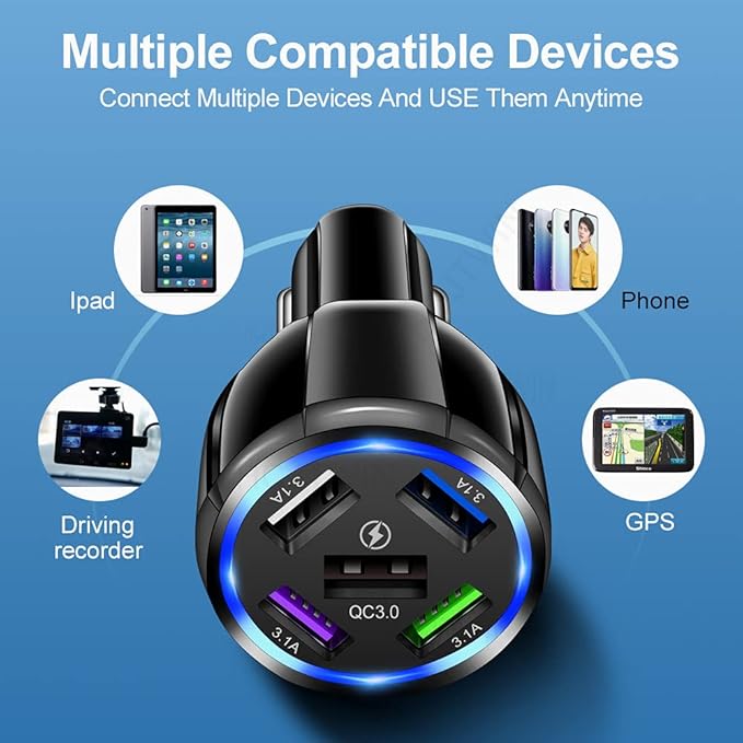 Car Charger Adapter, 5 Port QC3.0 Fast Charging Car Cigarette Lighter USB Charger, Compatible with iPhone, Android, Samsung, iPad Pro, and More (Black)