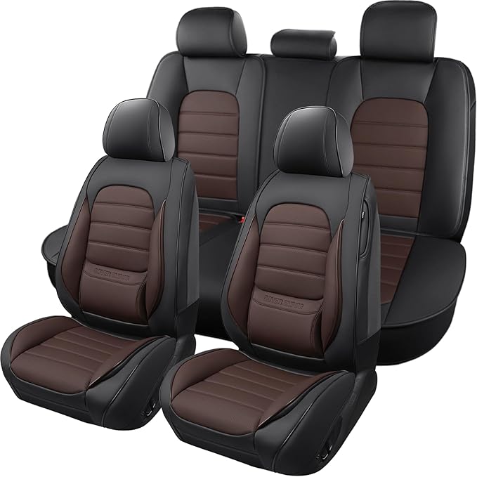 Car Seat Covers Full Set, 5 Seats Universal Leather Seat Covers for Cars, Waterproof Front and Rear Seat Cover, Breathable Automotive Seat Cover for Most Sedans, Trucks, SUVs, Black&Brown