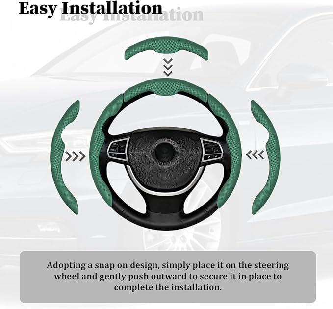 3PCS Car Steering Wheel Cover, Nappa Leather Breathable Non-Slip Segmented Steering Wheel Protector, Snap-on Auto Interior Decoration Accessories, Universal Fit (Green)