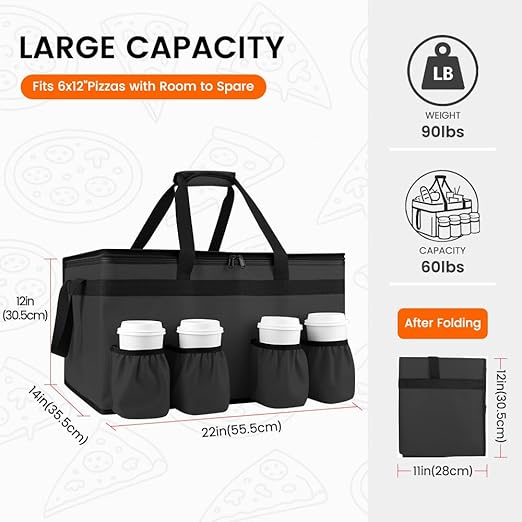CIVJET Insulated Food Delivery Bag with 4 Cup Holder and Bottom Support, XX-Large Insulated Grocery Bags Keep Food Hot/Cold, Cooler Bags with Drink Carrier, Food Carrier Catering Bag for Events, Black