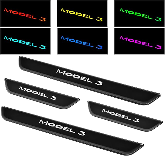 LED Door Sill Lights for Tesla Model 3 2017-2025 Accessories, ABS Scratch-Resistant Sill Protector with 7-Color RGB Lighting, Battery Powered Model 3 Pedal Mood Lamp, Matte Black, 4PCS
