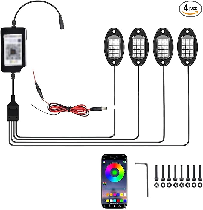 4PCS RGB LED Rock Lights, Underglow Multicolor Neon Light, Footwell Wheel Well Light Pods, with APP Control & Music Mode, Rock Lights for Trucks, SUV, ATV, UTV, Pickup, Motorcycles