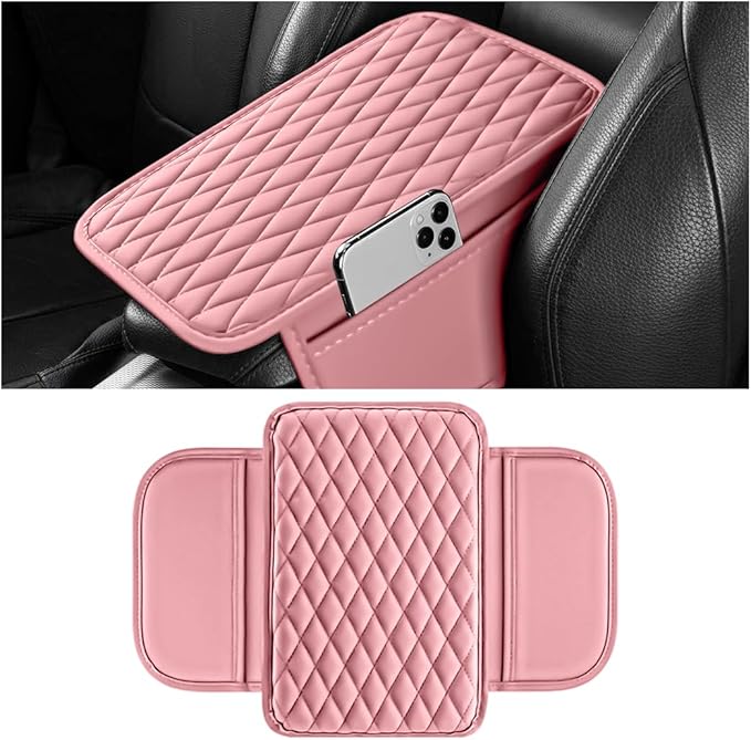 Car Armrest Cushion Pad, Leather Vehicle Center Console Cover with 2 Storage Bags, Non-Slip Automotive Interior Arm Rest Seat Box Cover Accessories, Universal for SUV RV Sedan (Pink)