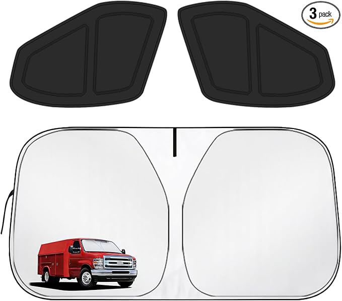 for Fo-rd E-Series 1992-2026 Front Windshield & Side Window Covers, Foldable 3-Piece Window Shades Set, Custom Fit Sunshade Visor for UV Rays & Heat Block, Cargo Van Accessories