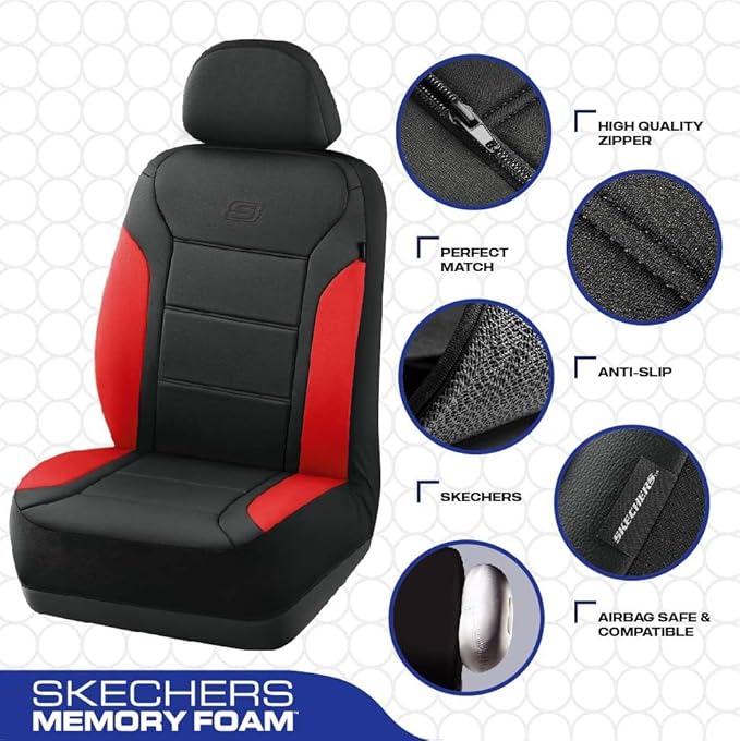 Skechers Memory Foam Car Seat Covers, Lycra Fabric Seat Covers, Car Seat Covers Front Seats Airbag Compatible,Automotive seat Covers for Most Cars,Trucks, SUV(Red)