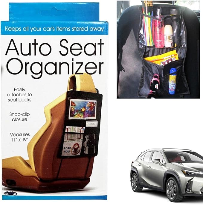 Car Backseat Organizer 11X19" Tablet Hold 3 Storage Pockets Travel Accessory Blk Seat Back Protector Kick Mats for Kids Toddlers, Travel Accessories Auto Seat Storage Hanging Bag, Phones, Drink, Stuff