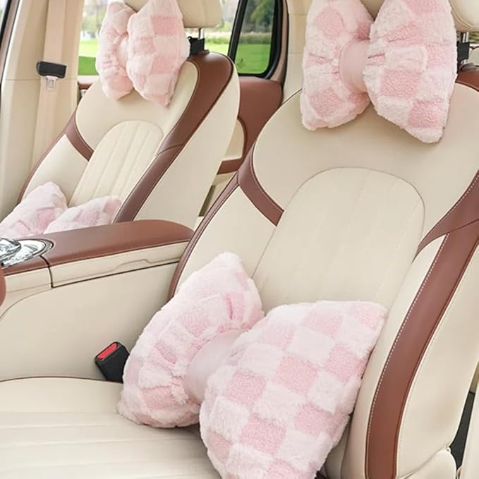 4 Pack Car Neck Pillow and Lumbar Support Cushion Plush Butterfly Knot Headrest Pillow Comfortable Waist Support Cute Car Interior Decor
