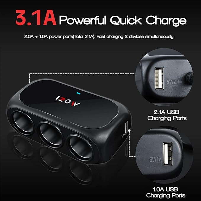 3-Socket Car Cigarette Lighter Splitter Adapter, 2 USB Splitter Extender [120W] [12V/24V] [3.1A Dual USB Car Charger] [Black] for Device with Emergency Warning Light