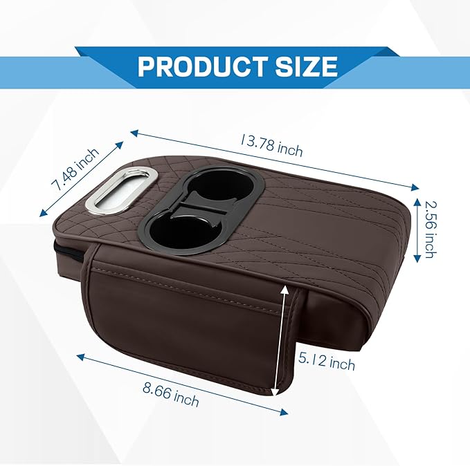 wuyaoyao Car Center Console Armrest Pillow, 13.78"×7.48"×2.56" Leather Arm Rest Cover for Cars, Memory Foam Auto Armrest Cushion Pad with Pocket, Cup Holder & Tissue Box, Car Accessories (Coffee)