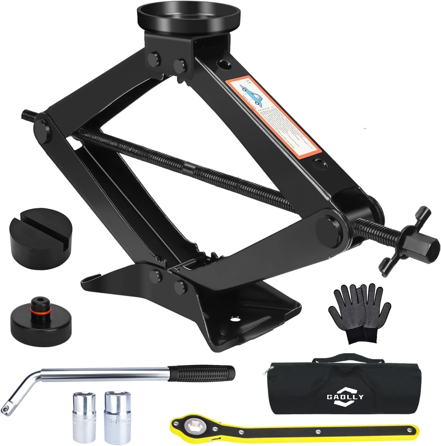 Car Jack - 3 Ton (6,600 lbs) Scissor Jack for Tesla Model Y, 3, X, S, Universal Emergency Kit with Pucks/Pads, Lug Wrench, Tire Changing Kit for Car, Sedan, SUV, MPV
