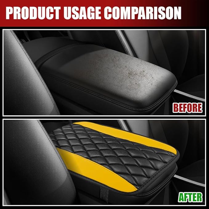 Car Center Console Cushion Pad, Armrest Cover for Car, Leather Waterproof Armrest Seat Box Cover, Auto Accessories Comfortable Arm Rest Box Cushion Pad for Most Vehicles (Yellow)