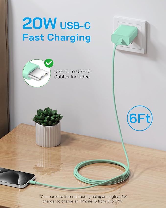 3 Pack AISNI Fast Charger Block Compatible with iPhone 17 16 15 Charger Fast Charging USB C Charger Long Type C Chargers Cord 6 FT for iP17 Air/17 Pro Max/16/15 Pro Max Series and Type C Device-Green