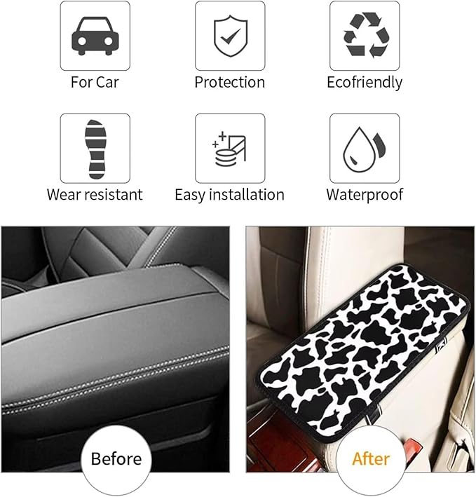 Cow Print Center Console Cover Black Cute Middle Console Armrest Lid Pad Protective Covers Arm Rest Seat Box Pads Protector