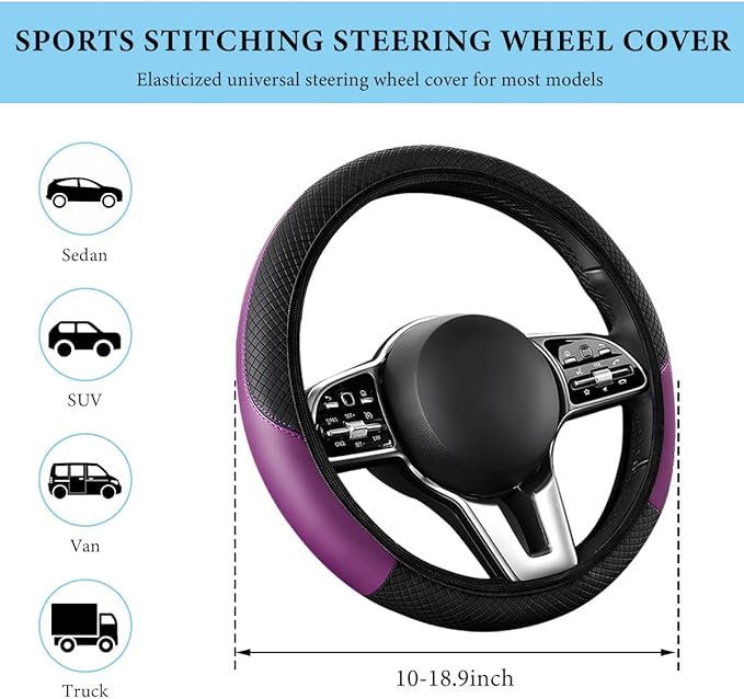 Car Steering Wheel Cover, 15 Inch Anti-Slip Stretch Leather Steering Wheel Protector, Comfortable Breathable Sporty Steering Wheel Cover for Women Men, Car Accessories (Black & Purple, AD)