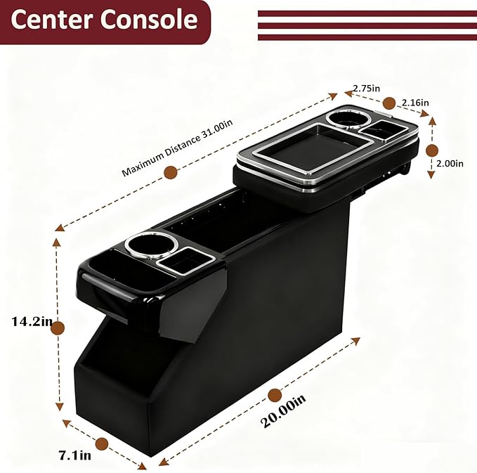 Truck Center Console Organizer Between Seat for Minivans, SUVs, Middle Van Bench Organizer for Floor Between The Back Seat Console 18 Wheelers with Sliding Lid Design