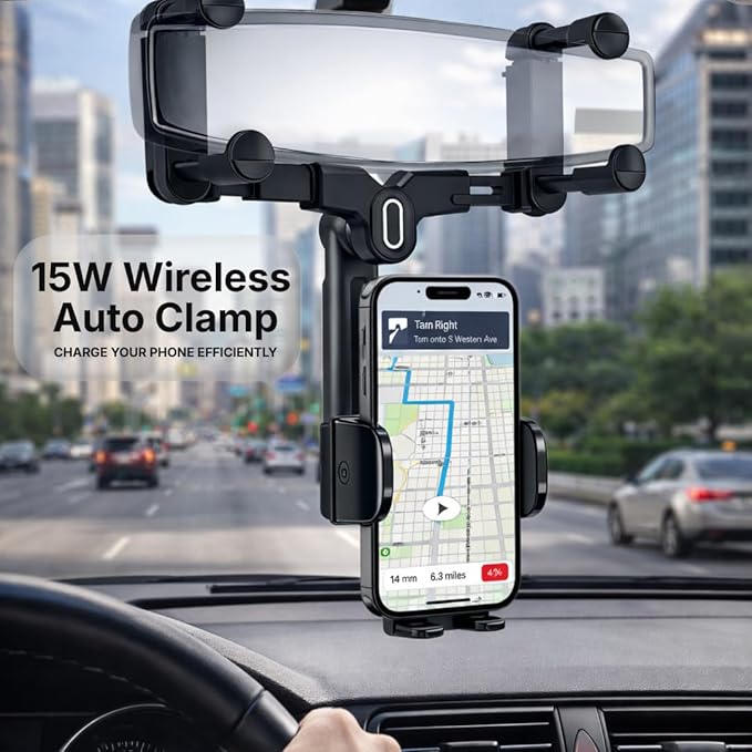 Wireless Car Charger Mount, Auto-Clamping Phone Holder with Fast Charging – Wireless Cell Phone Charging Car Mount for iPhone & Android (Rear Mirror Mount)