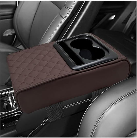 Car Center Console Armrest Pillow, 14"×8.3" Waterproof Leather Armrest Box Cover with Cup and Phone Holder, Soft Memory Foam Arm Rest Console Pad Protector for SUV Truck (Coffee, Embroidery)