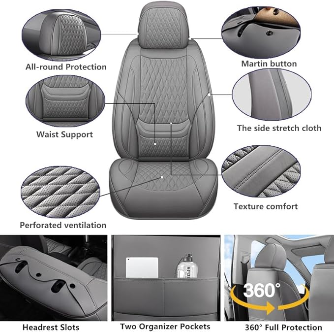 Car Seat Covers Full Set Custom Fit for Chevrolet/Chevy Bolt 2016-2026 - Premium Faux Leather with Lumbar Support | Breathable, Waterproof, Anti-Slip, Durable (Gray,Full Set)
