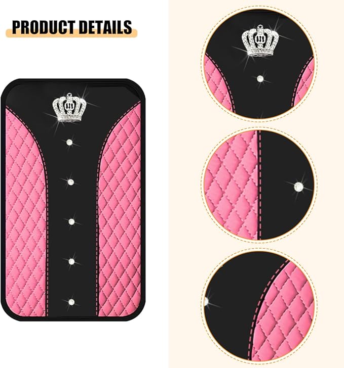 Bling Car Center Console Cover, Crown Crystal Rhinestones Vehicle Armrest Mat Protector, Anti Slip Sparkling Automotive Arm Rest Seat Box Cushion Pad Decor Accessories, Universal Fit (Pink)
