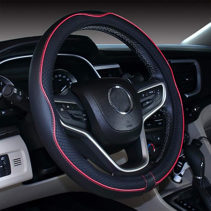 Mayco Bell Universal Standard Size Steering Wheel Cover Anti-Slip,Safety,Soft,Breathable,Durable,Full Surround,Comfortable Grip Microfiber Leather (14.5-15 inch,Black Red)