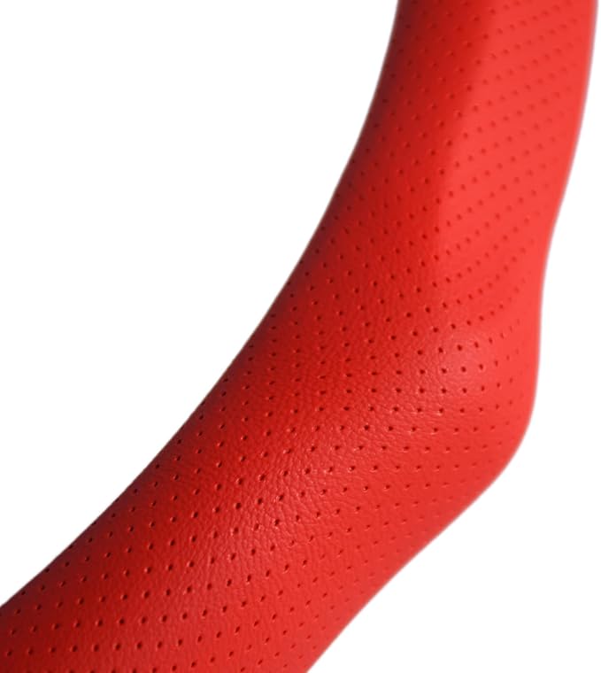 Quick Install Sporty Red Perforated Nappa Leather Steering Wheel Cover Anti-Slip Universal fit 14 ½ to 15 inches Car SUV Pickup Steering Wheel