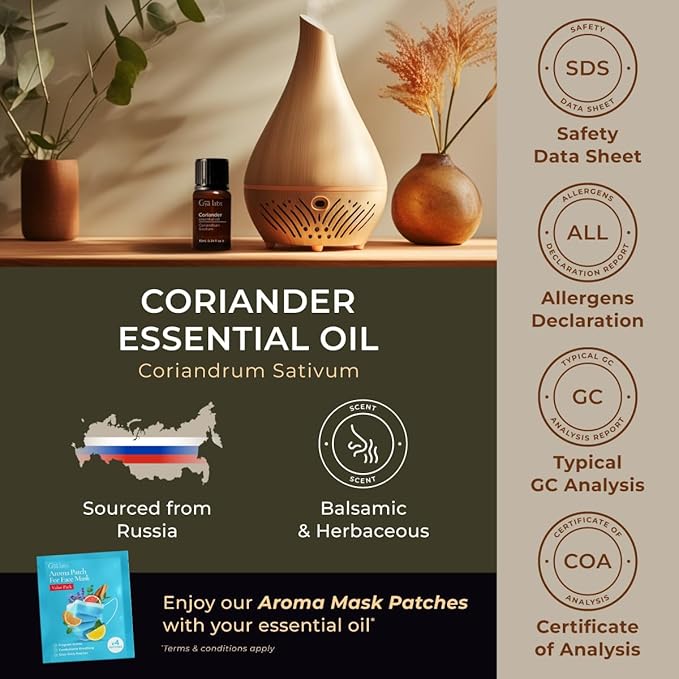 100% Pure Coriander Essential Oil - 0.34 Fl Oz - Coriander Oil for Hair, Skin, Diffuser, Aromatherapy & DIY Candle Making Scent