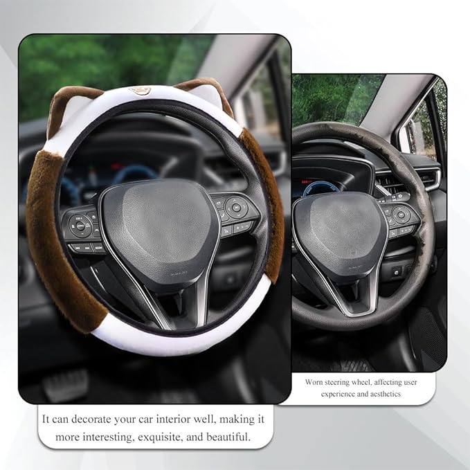 Car Steering Wheel Cover, 15 Inch Fluffy Soft Plush Auto Protector, Anti-Slip Elastic Lovely Car Cover Accessories with Kitty Cat Ears Universal for Most Cars (Fluffy-White+Brown)