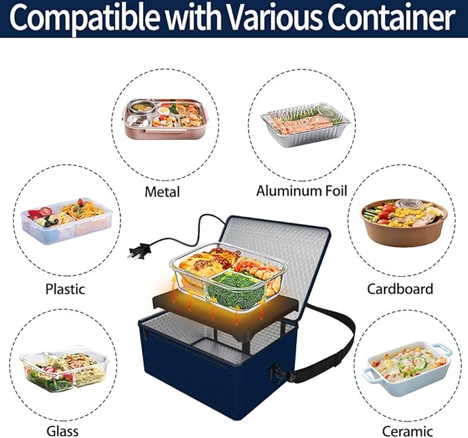 Portable Oven, 110V Portable Food Warmer Personal Portable Oven Mini Electric Heated Lunch Box for Reheating & Raw Food Cooking in Office, Travel, Potlucks and Home Kitchen (Navy Blue)