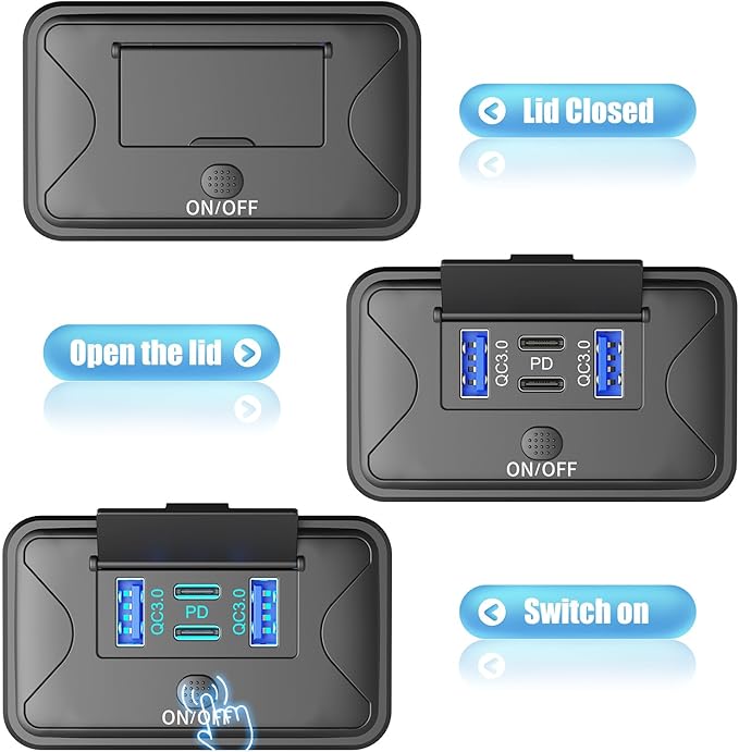 78W 4 Port 12V USB Outlet Wall Mount, Dual 36W PD & Dual 18W QC3.0 Lightweight Surface Mount Charger Socket Panel with Button Switch for Bus RV Truck Marine Golf Cart